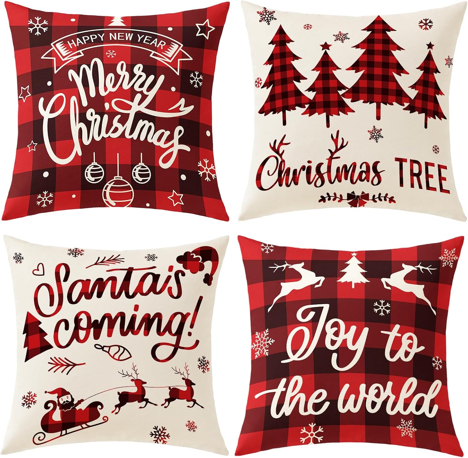Buffalo Plaid Christmas Pillow Covers, 18 x 18 Inch, Set of 4, Red and Black