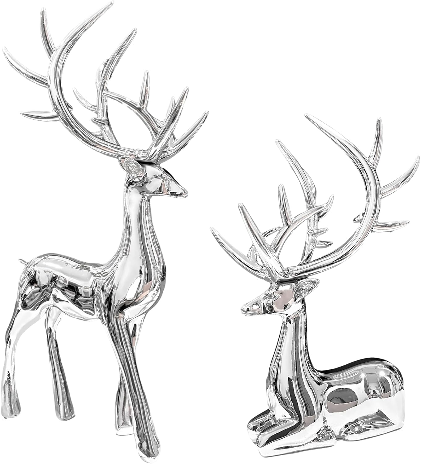 2 Pcs Silver Christmas Reindeer Figurines, Resin Standing and Sitting Statues
