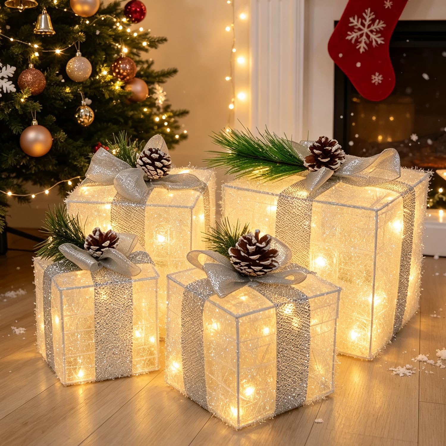 Hourleey Set of 4 Pre-Lit Christmas Gift Boxes, Warm White, 70 LED