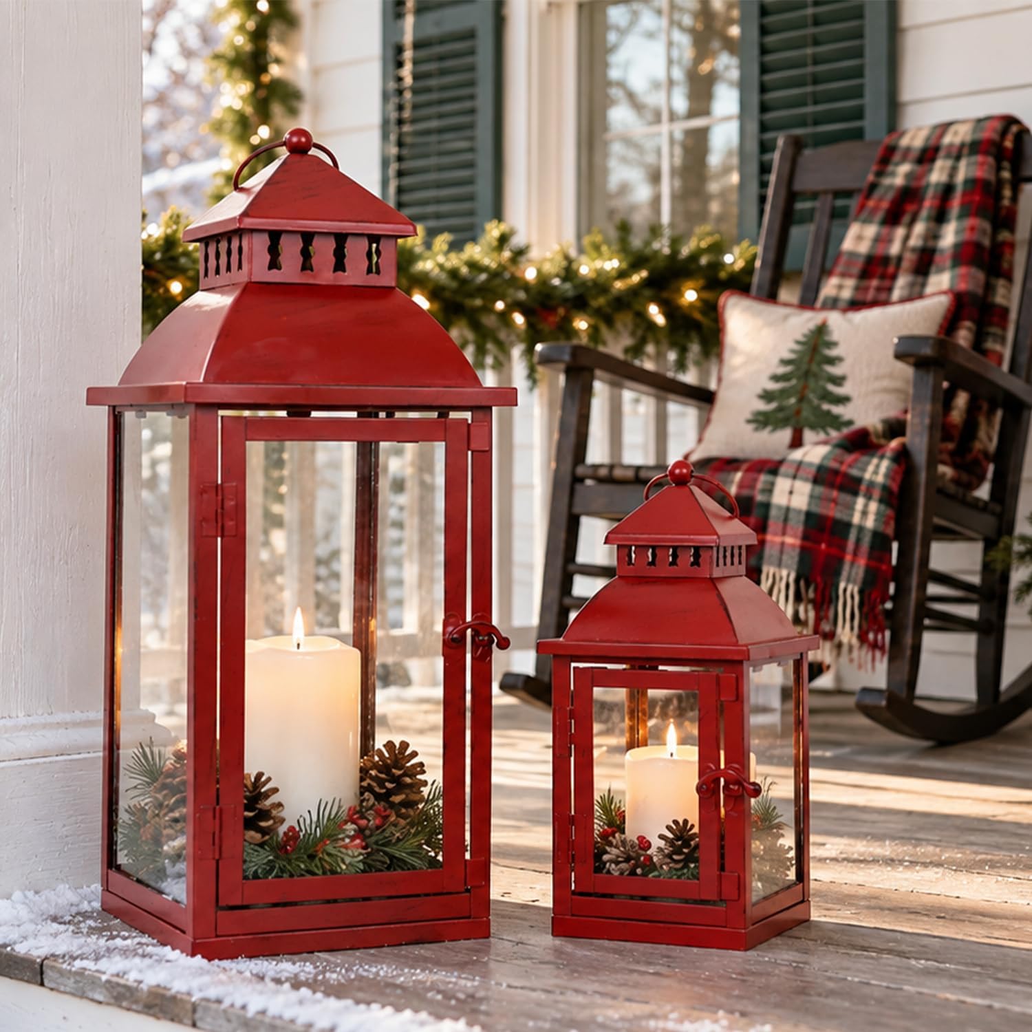 NEEDOMO Set of 2 Red Outdoor Lanterns for Porch, Large Candle Lanterns