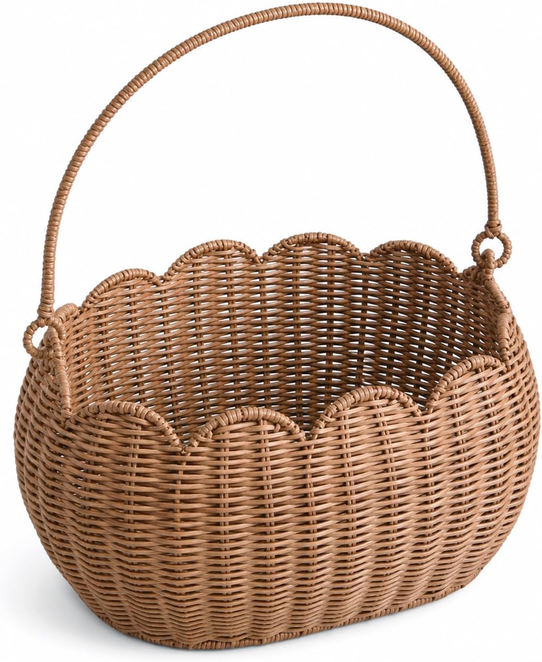 Large Handwoven Wicker Basket with Handle, Scalloped Edge