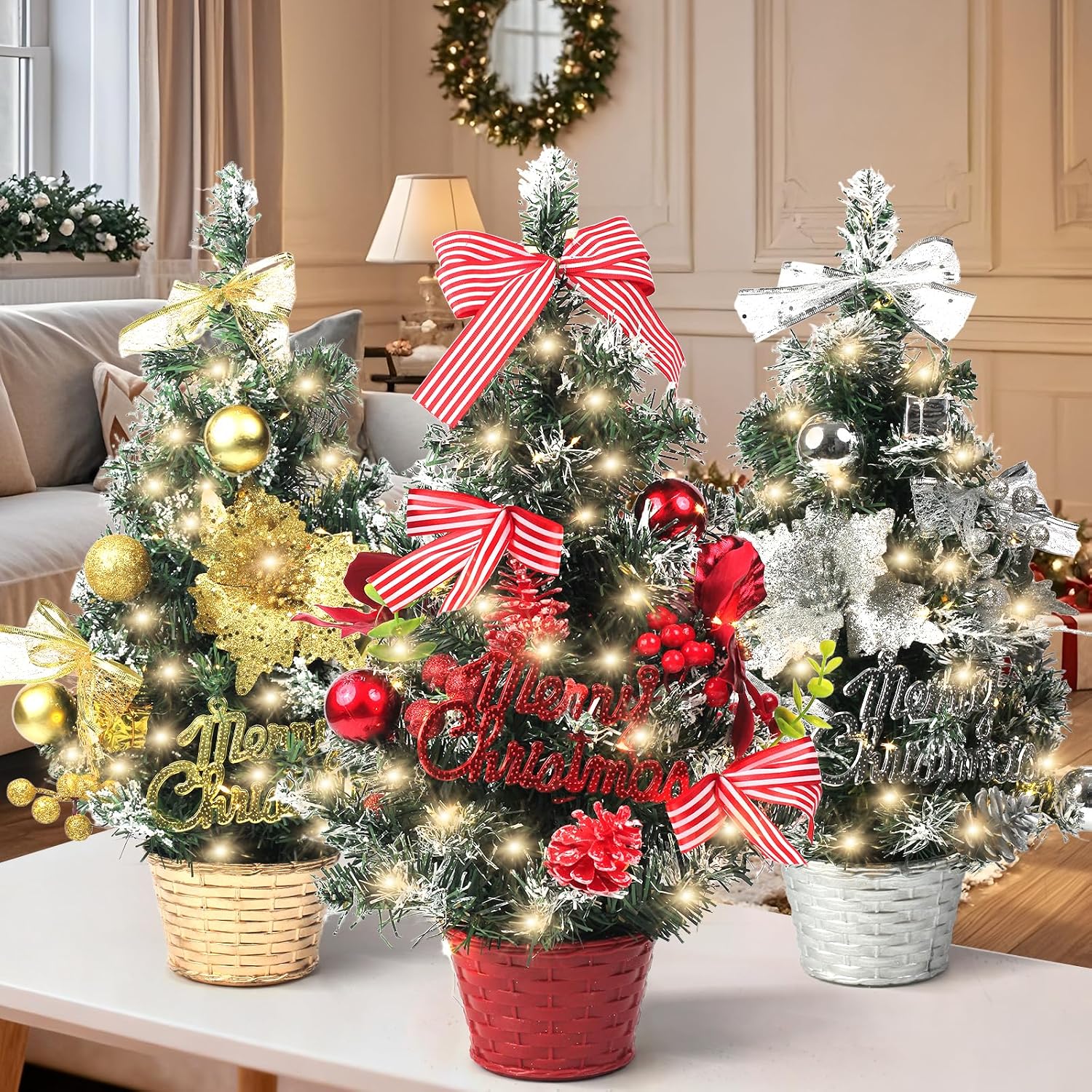 Set of 3 Pre-Lit Mini Christmas Trees, 22 Inch, Tabletop Artificial Trees