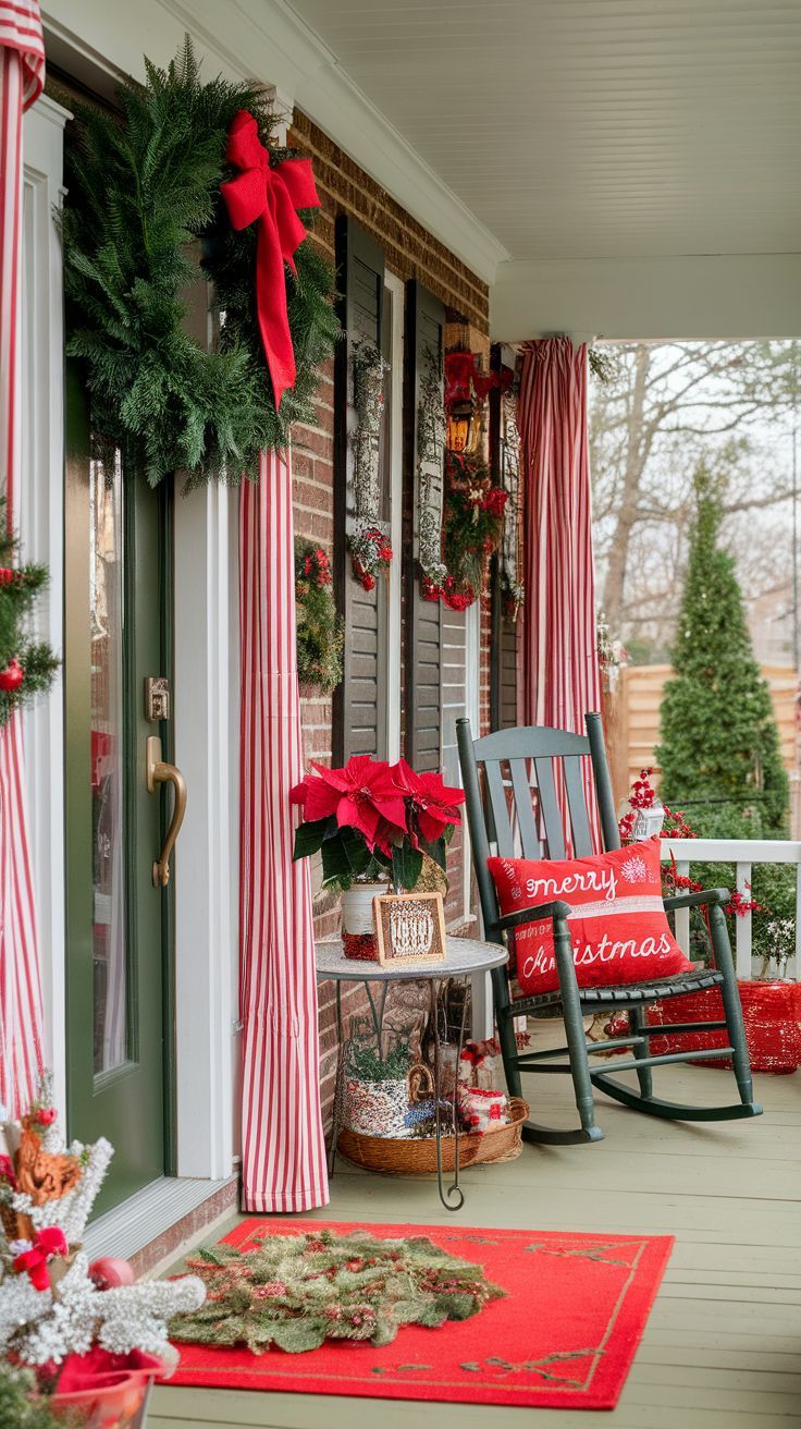 Front porch with red and white striped curtains, multiple evergreen wreaths with red bows, a rocking chair with a Merry Christmas pillow and a poinsettia