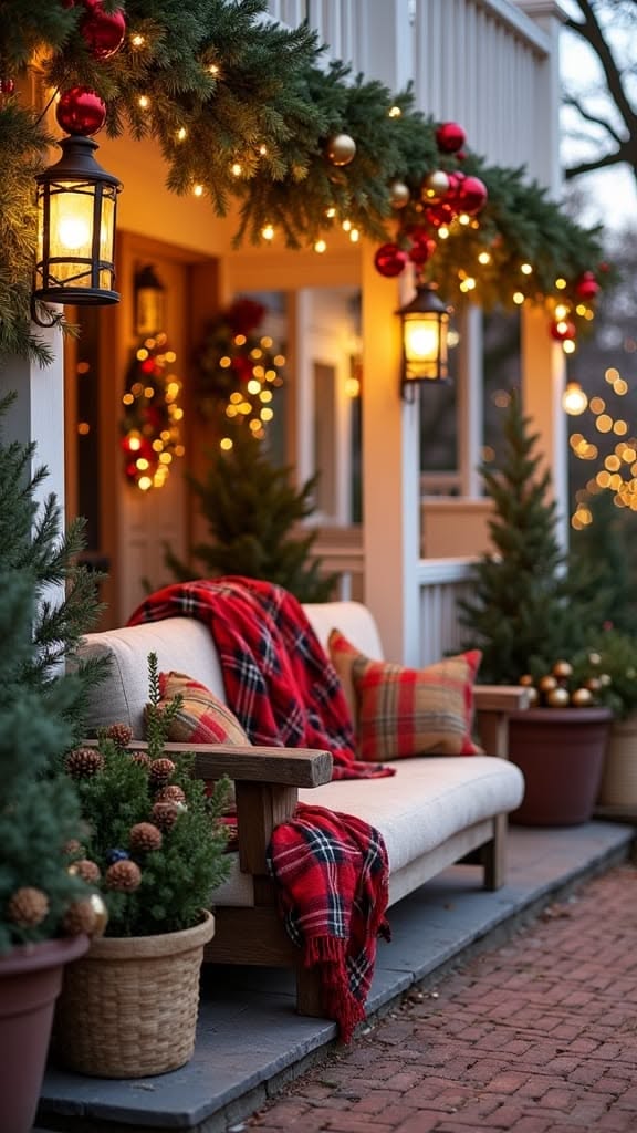Cream outdoor sofa with red plaid pillows and a throw blanket under a garland with red and gold ornaments and lanterns