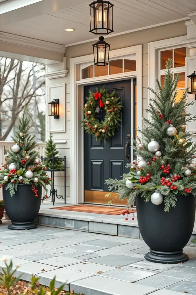 Tall black urn planters filled with evergreen, silver and red ornaments and berries on either side of a dark front door with a wreath