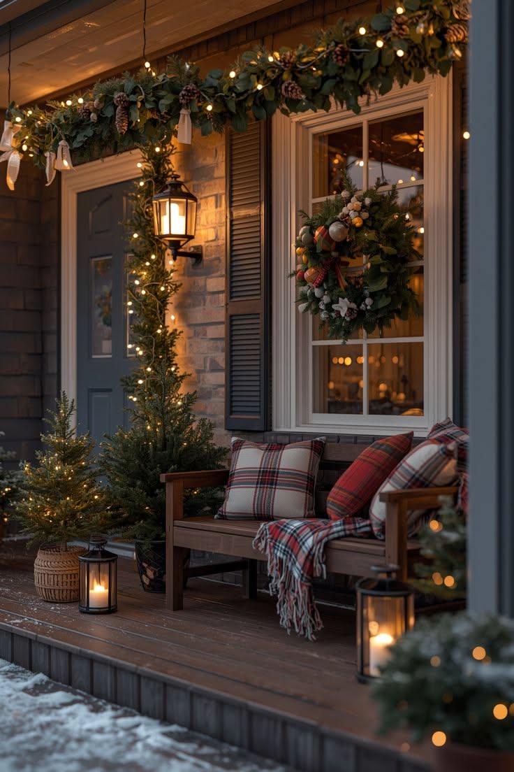 Woven baskets holding small lit Christmas trees beside a bench with plaid pillows, lanterns and a wreath on the window
