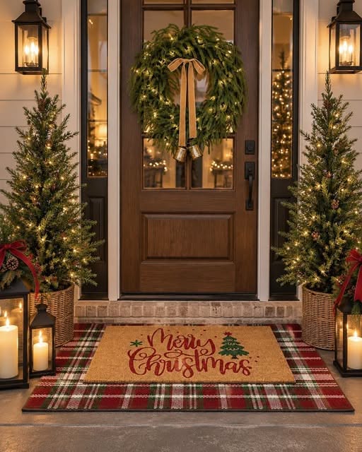 A Merry Christmas doormat layered over a red plaid rug between two lit Christmas trees with a wreath and lanterns