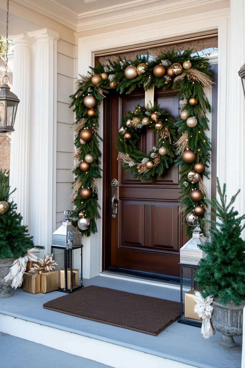 Evergreen garland and wreath decorated with gold and bronze ornaments framing a dark wood front door