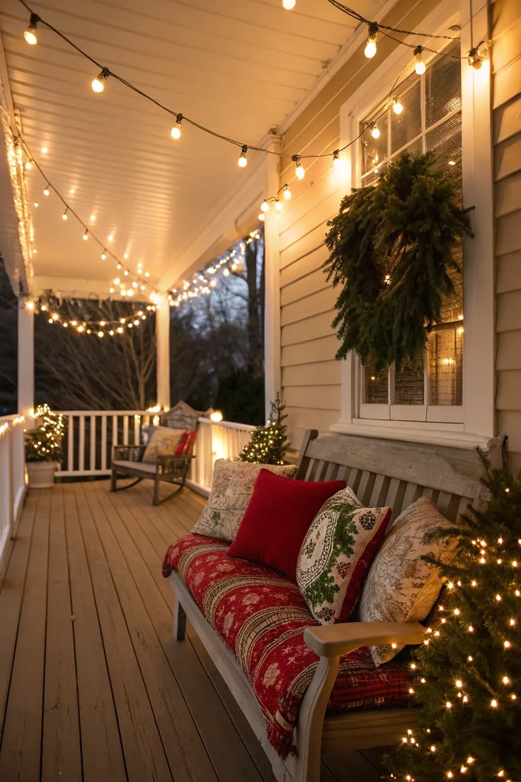 Cozy porch bench with red and green plaid pillows and throw, a wreath on the window, string lights and mini lit trees
