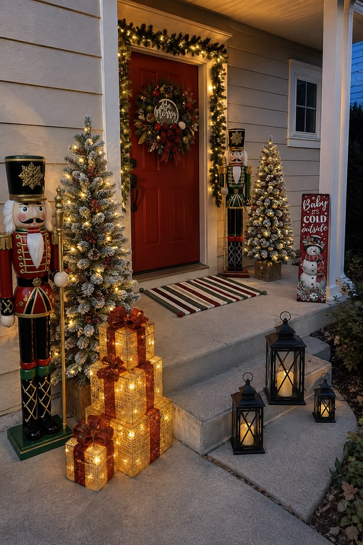 Layered porch with a Be Merry wreath, garland, lit gift boxes, nutcracker statues, snowy mini trees and lanterns on the steps