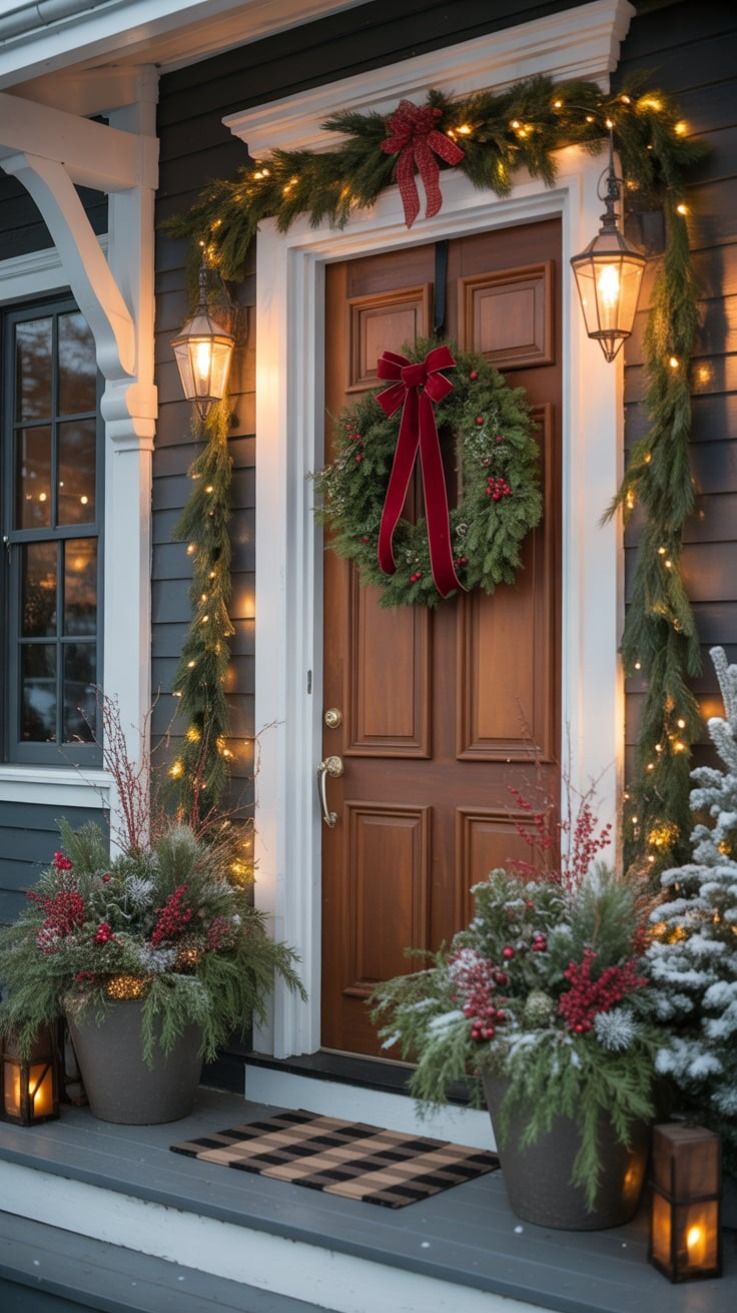 Matching planters filled with evergreen, berries and birch branches on either side of a front door with garland and a wreath