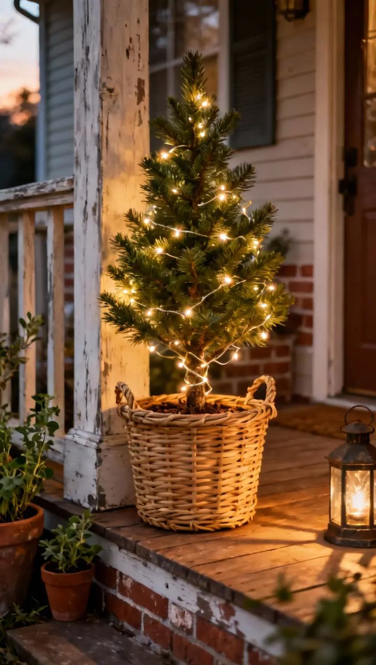 Small lit Christmas tree planted in a woven basket beside a lantern on a rustic porch step