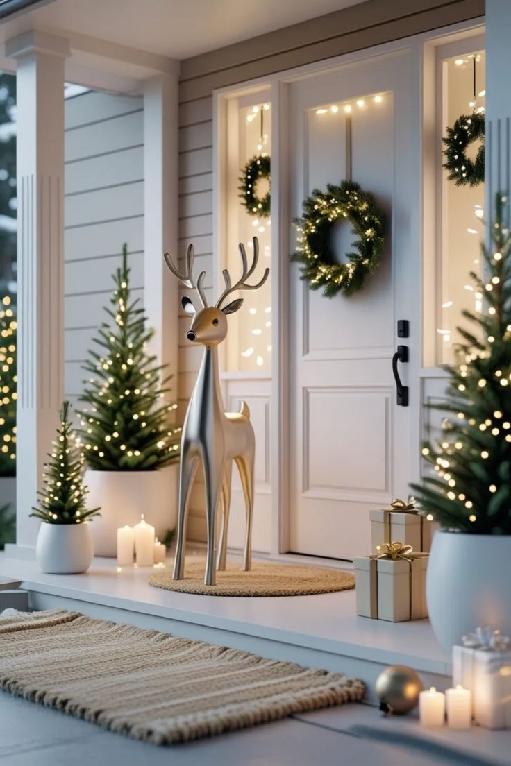 Minimalist white porch with small lit trees, white wrapped gifts, candles and a silver reindeer figurine on a woven mat