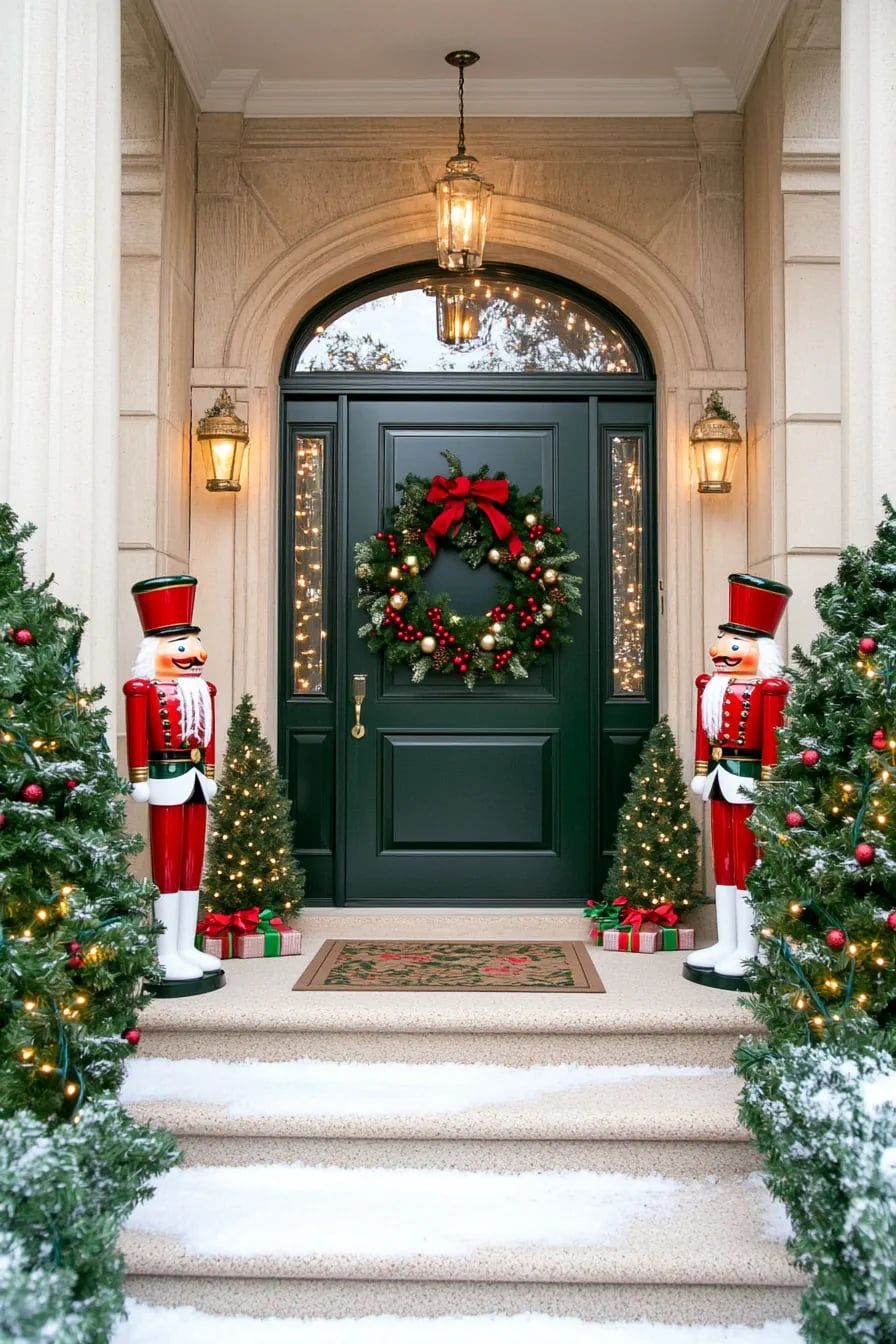 Large nutcracker statues flanking a dark front door with a classic evergreen wreath and small lit trees