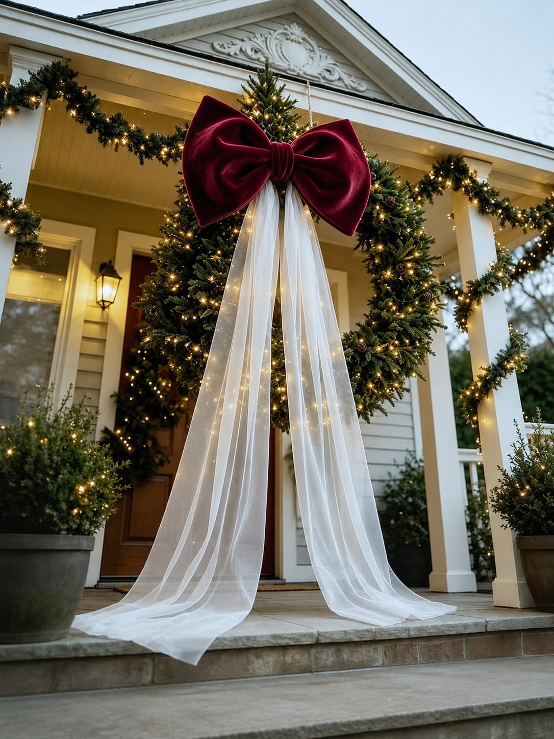 A giant burgundy velvet bow with flowing sheer tulle hanging from an evergreen wreath on a lit porch