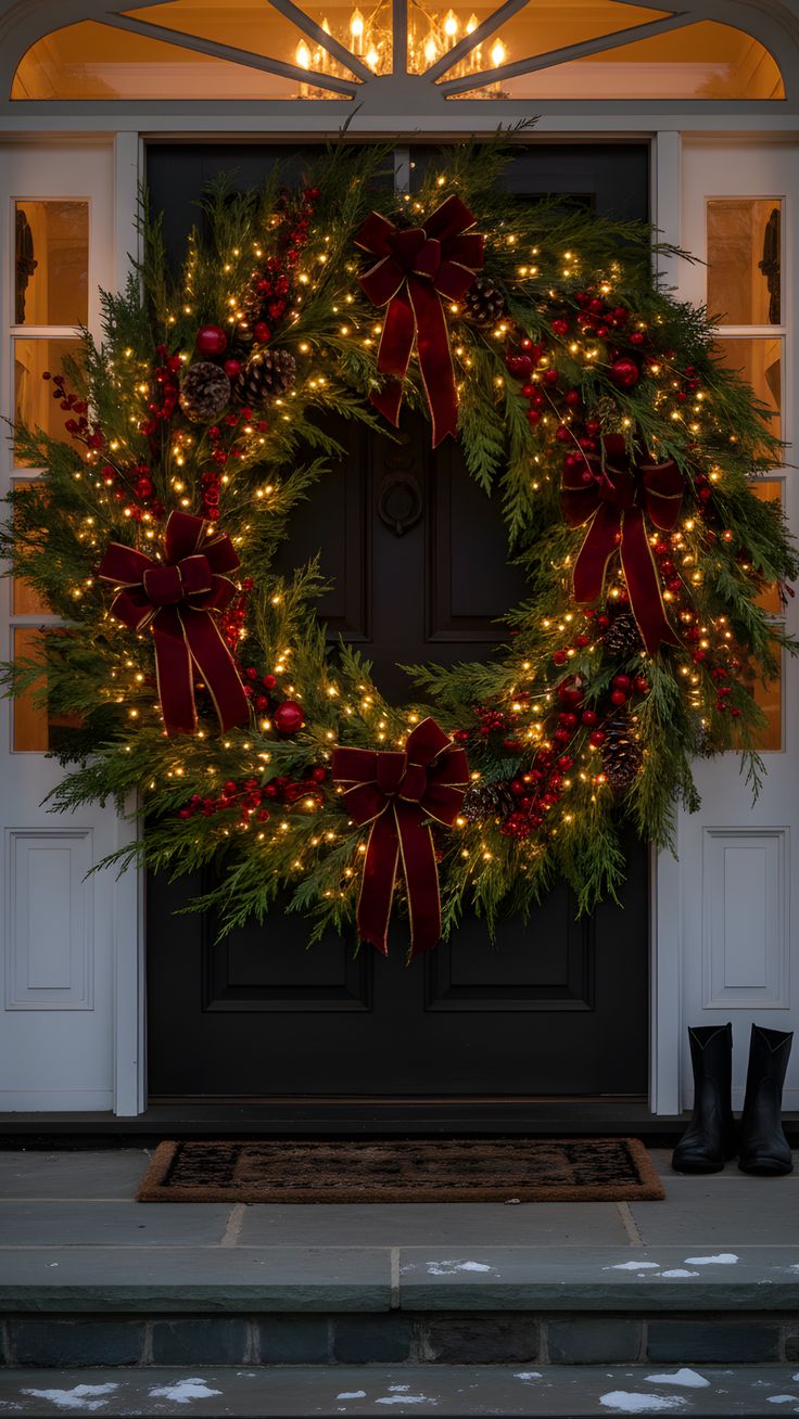 Oversized evergreen wreath with velvet red bows, pinecones and berries covering a black front door