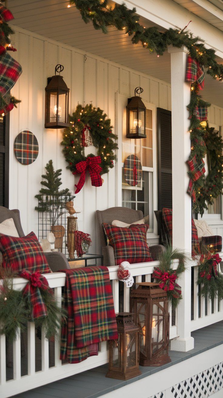 Porch with tartan plaid pillows, a plaid throw blanket, plaid bows on garland and plaid wall discs beside lanterns and a wreath