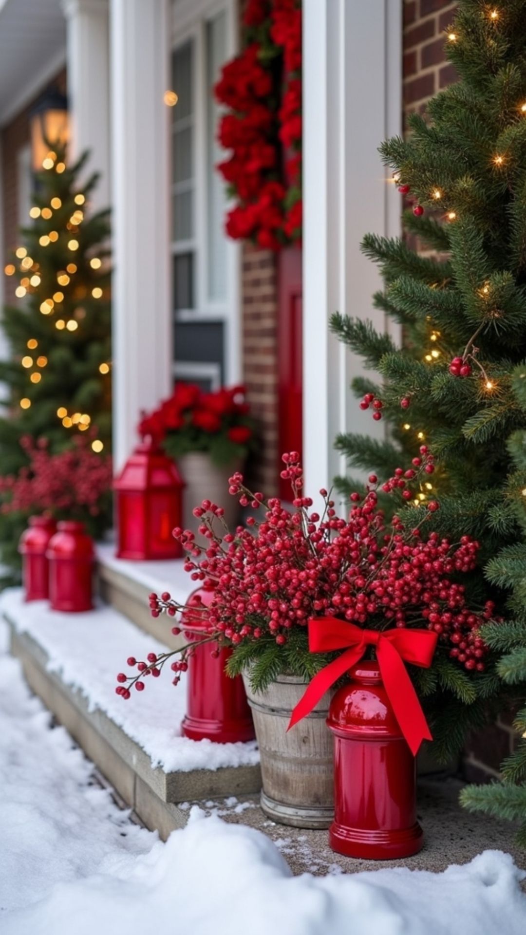 Glossy red lanterns and red berry branches lined along snowy porch steps beside a lit Christmas tree