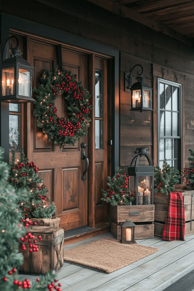 Rustic porch with a berry wreath on a wood door, hanging lanterns, mini trees in wood crates and a plaid blanket