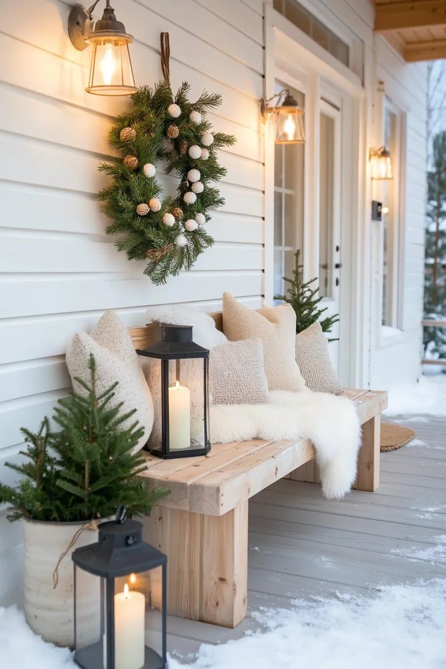 White and natural toned porch with a wood bench, cream pillows, a white fur throw, a pinecone wreath and mini trees in the snow