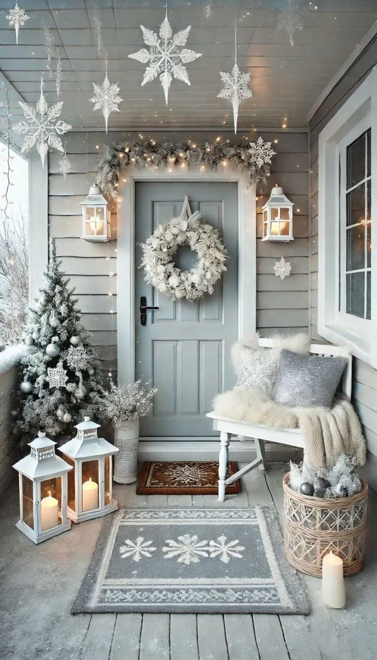 All white and silver porch with hanging paper snowflakes, a flocked tree, a white wreath and silver pillows on a bench