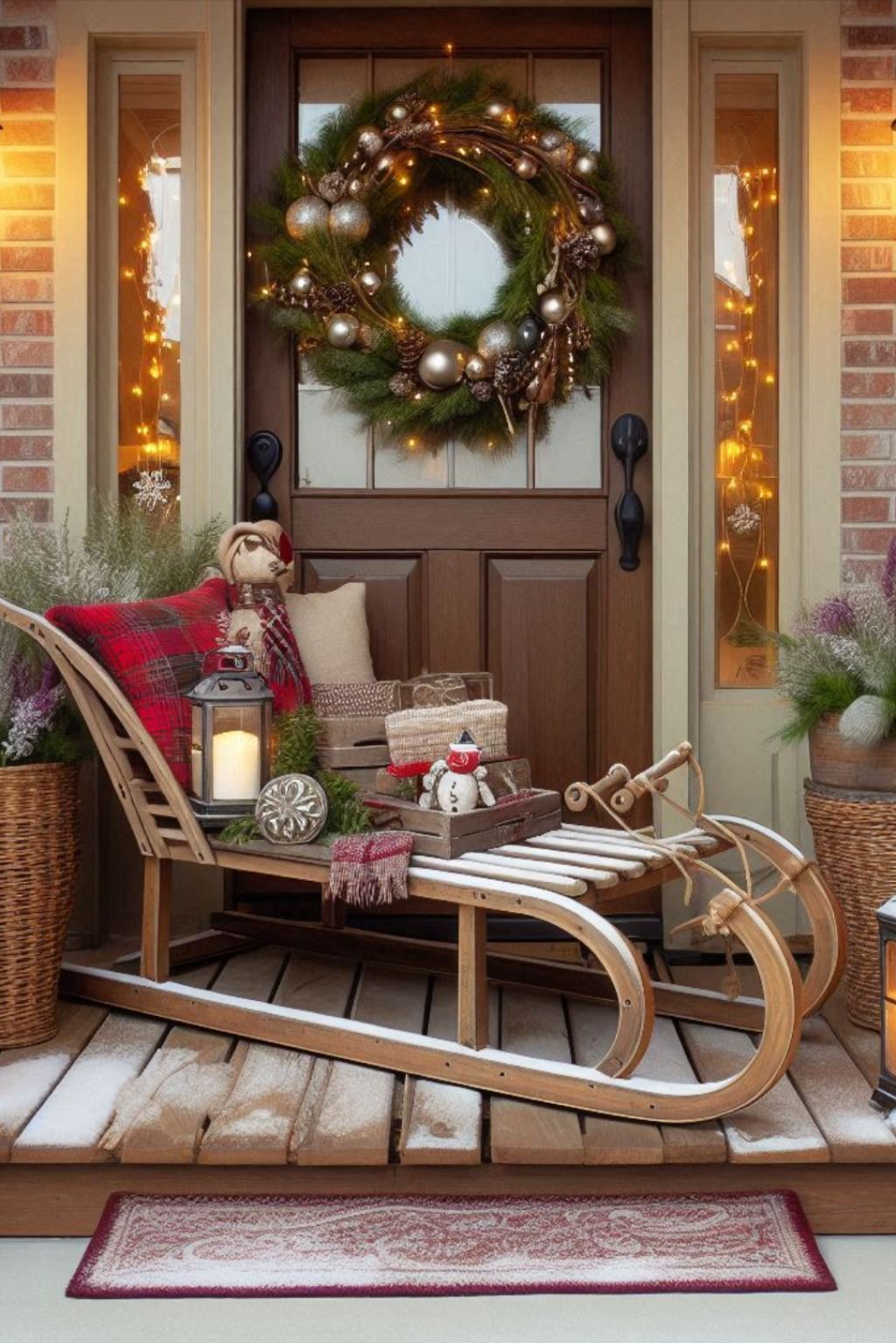 A vintage wooden sled styled with a plaid pillow, lantern, greenery and a small stuffed snowman leaning against a front door