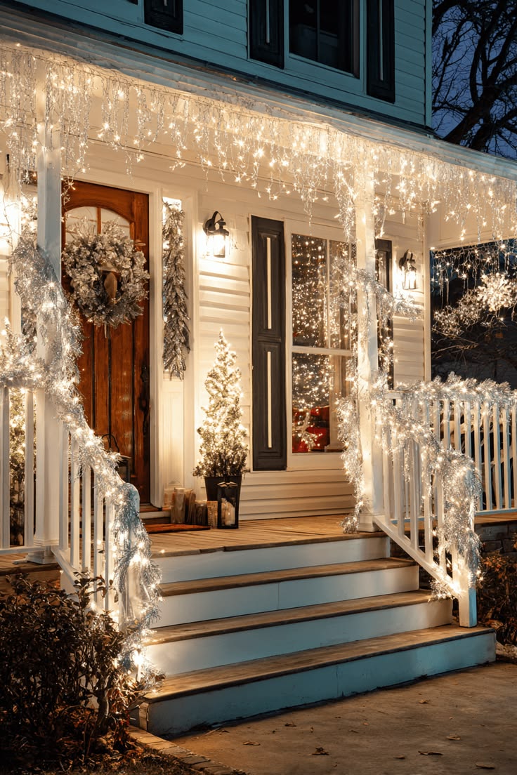 Porch steps and railings wrapped in icicle lights and garland with a snowy wreath and a small lit tree