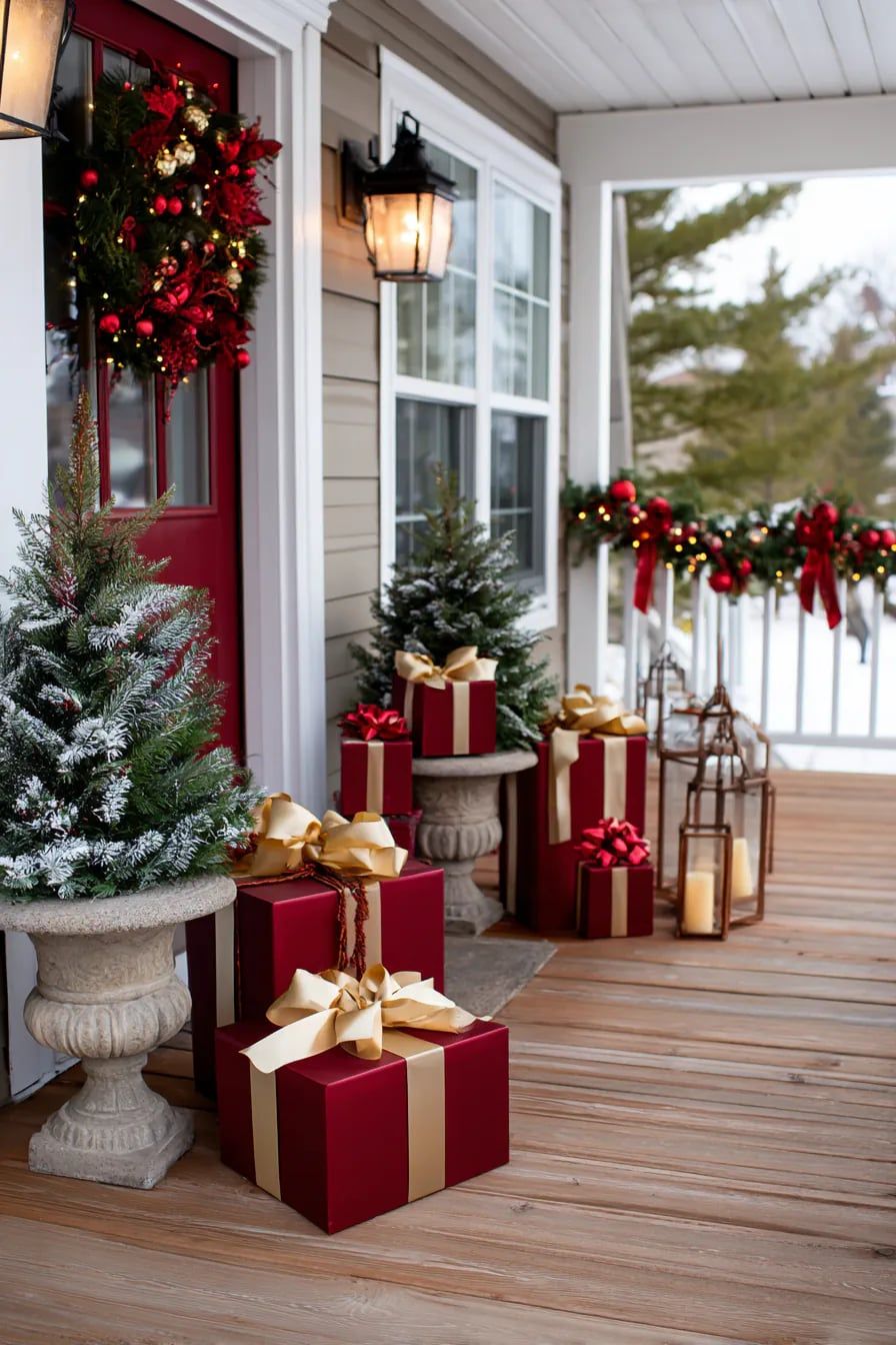 Oversized wrapped gift boxes in red and gold stacked along a porch beside snow flocked mini trees and a red door