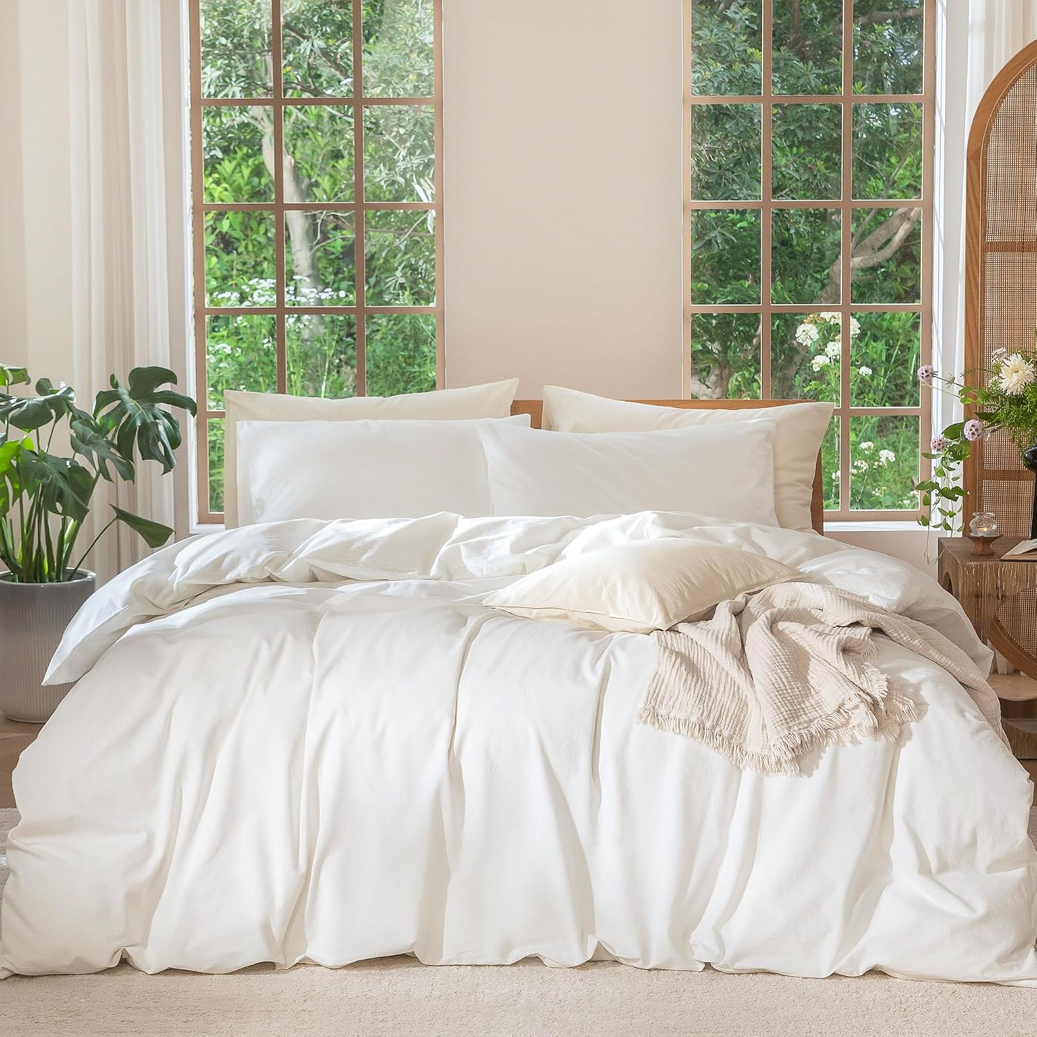 MooMee Washed Cotton Linen-Look Duvet Cover Set, Queen