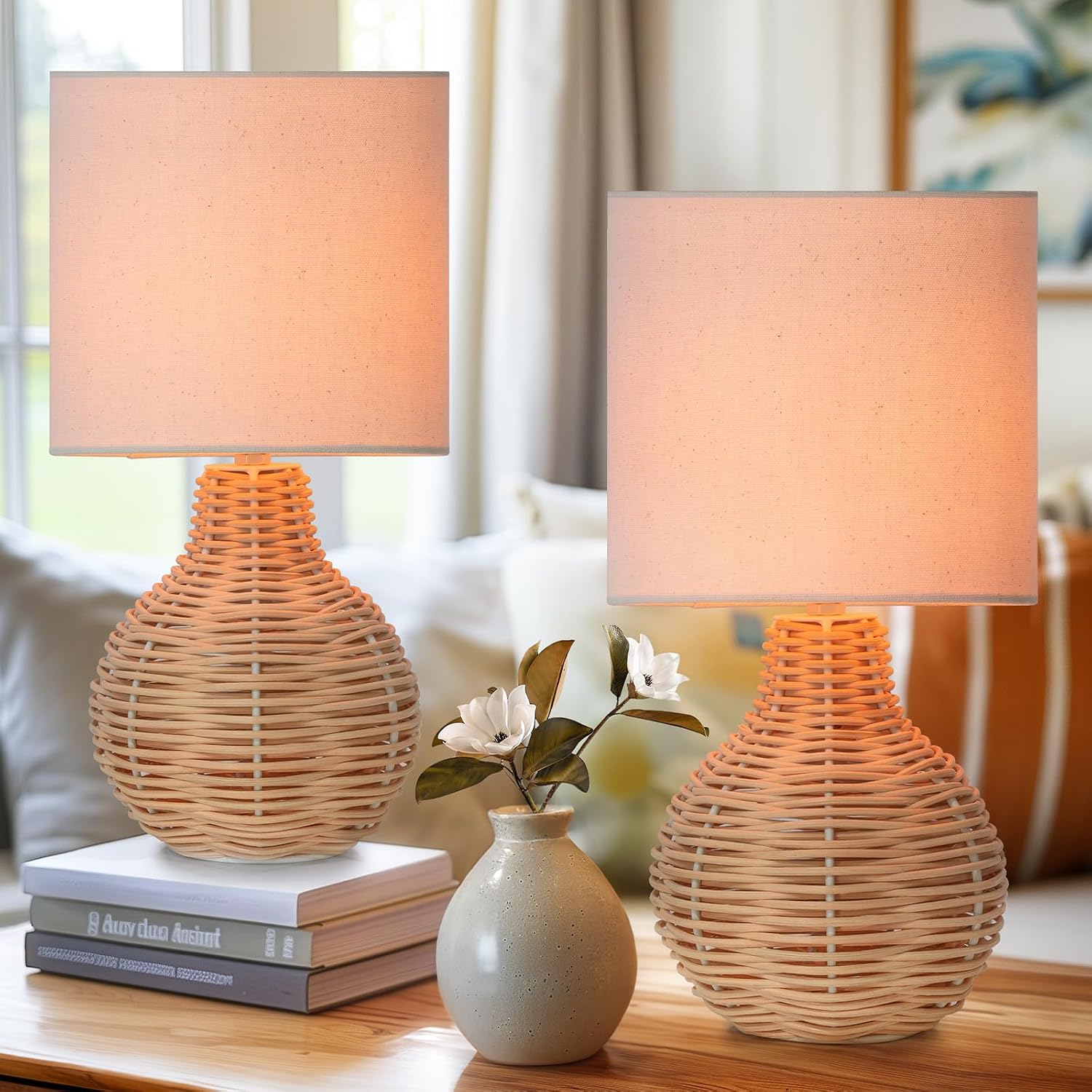 Vintage Rattan Wicker Table Lamps, Set of 2
