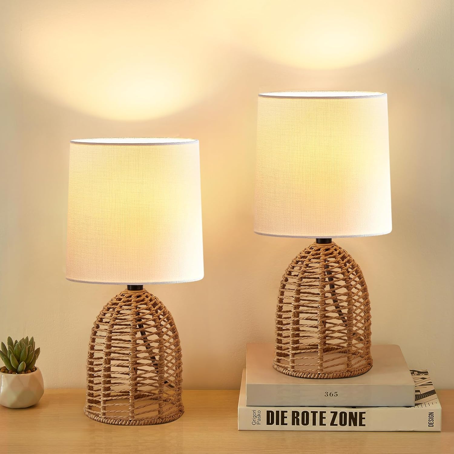 EJIAXIN Mini Rattan Table Lamps, Set of 2, 13.75 Inch
