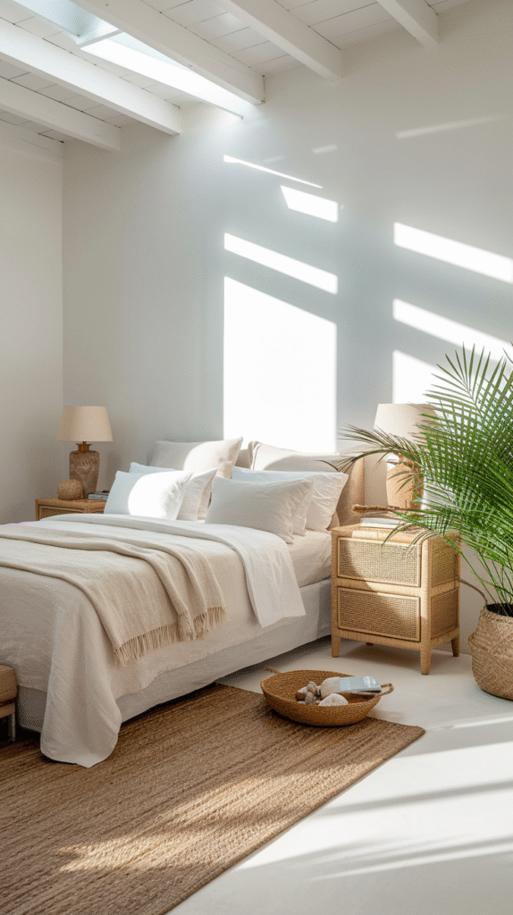 Coastal bedroom with breezy white walls as a calming foundation