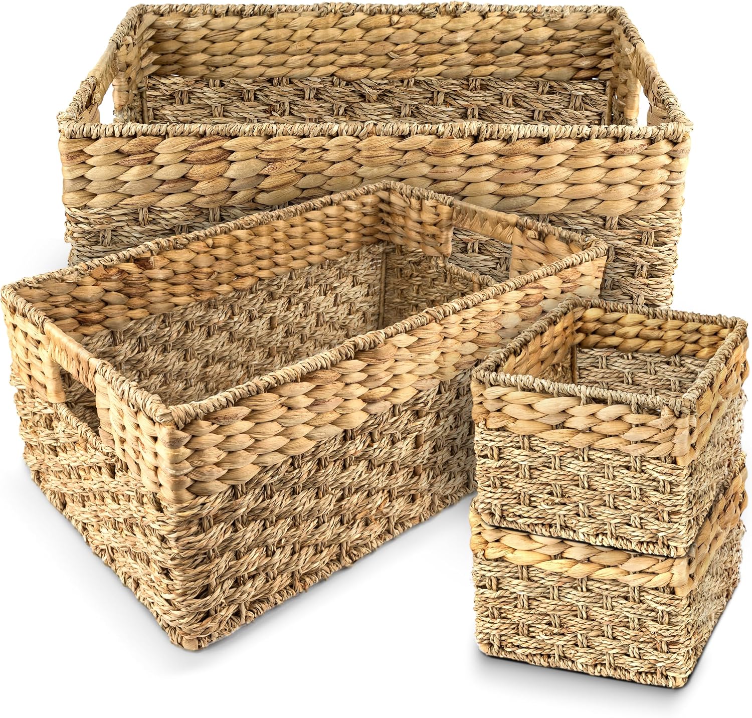 Seagrass and Hyacinth Wicker Storage Baskets with Handles, Set of 4