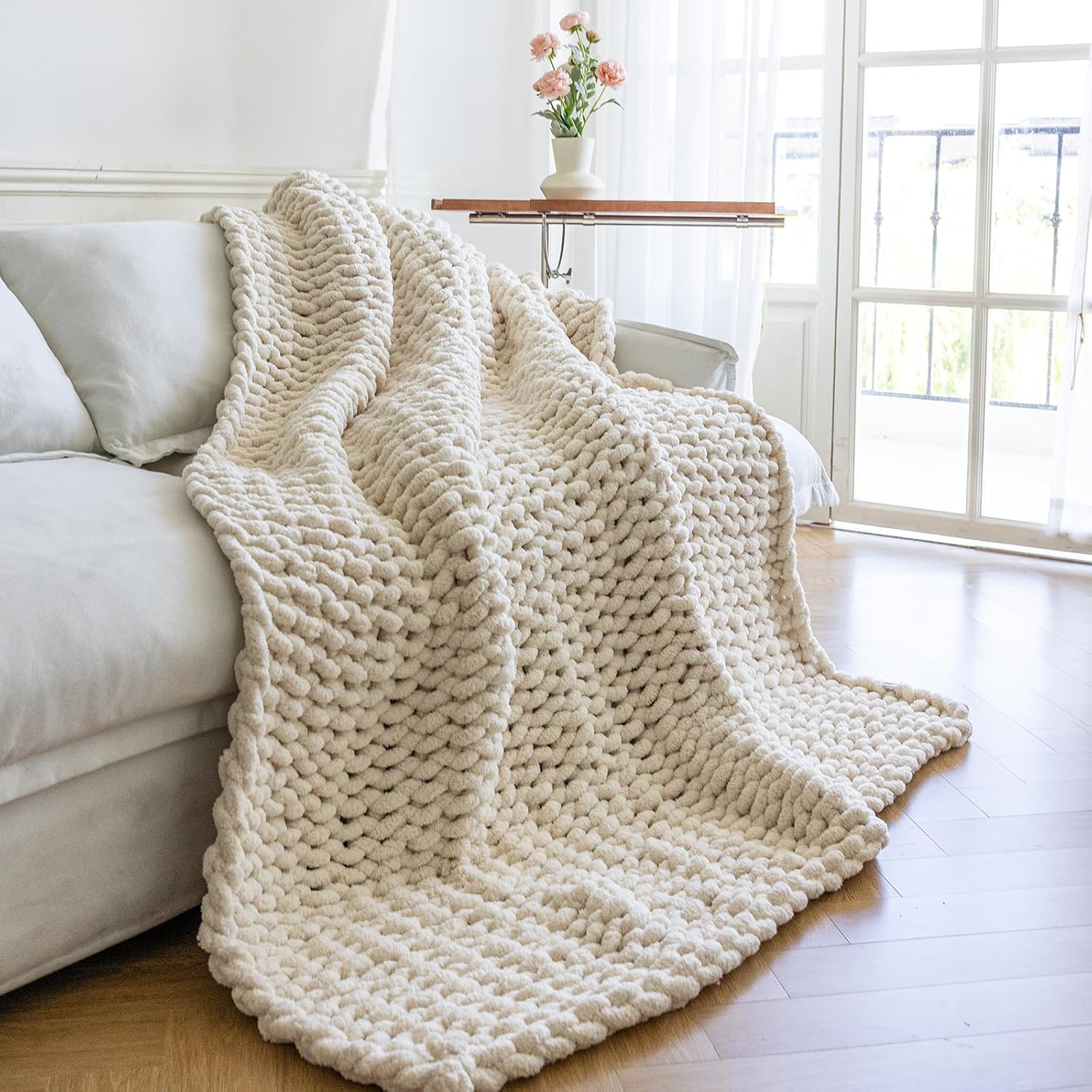 Cream Chunky Knit Throw Blanket, 50 x 60 Inches