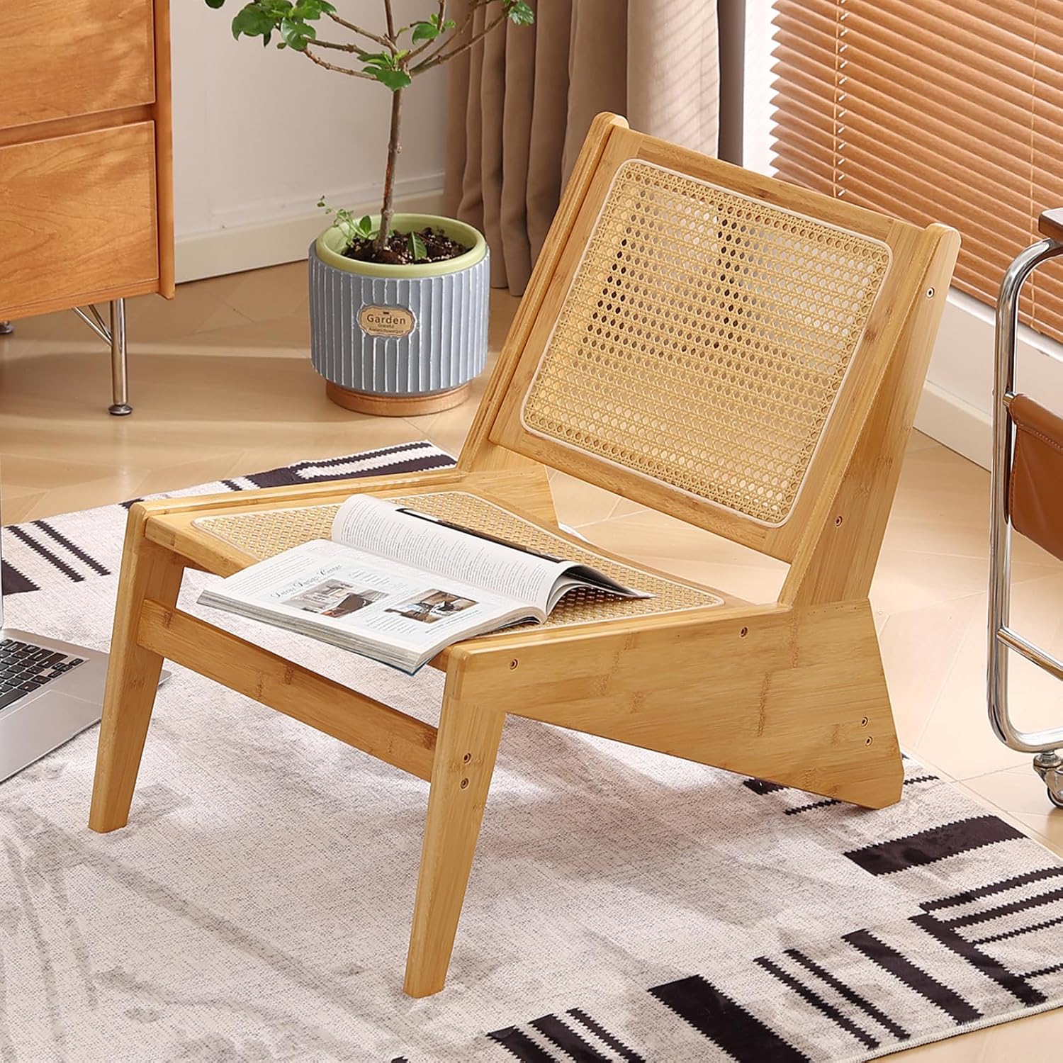 Welnow Mid-Century Rattan Accent Chair with Woven Cane Backrest