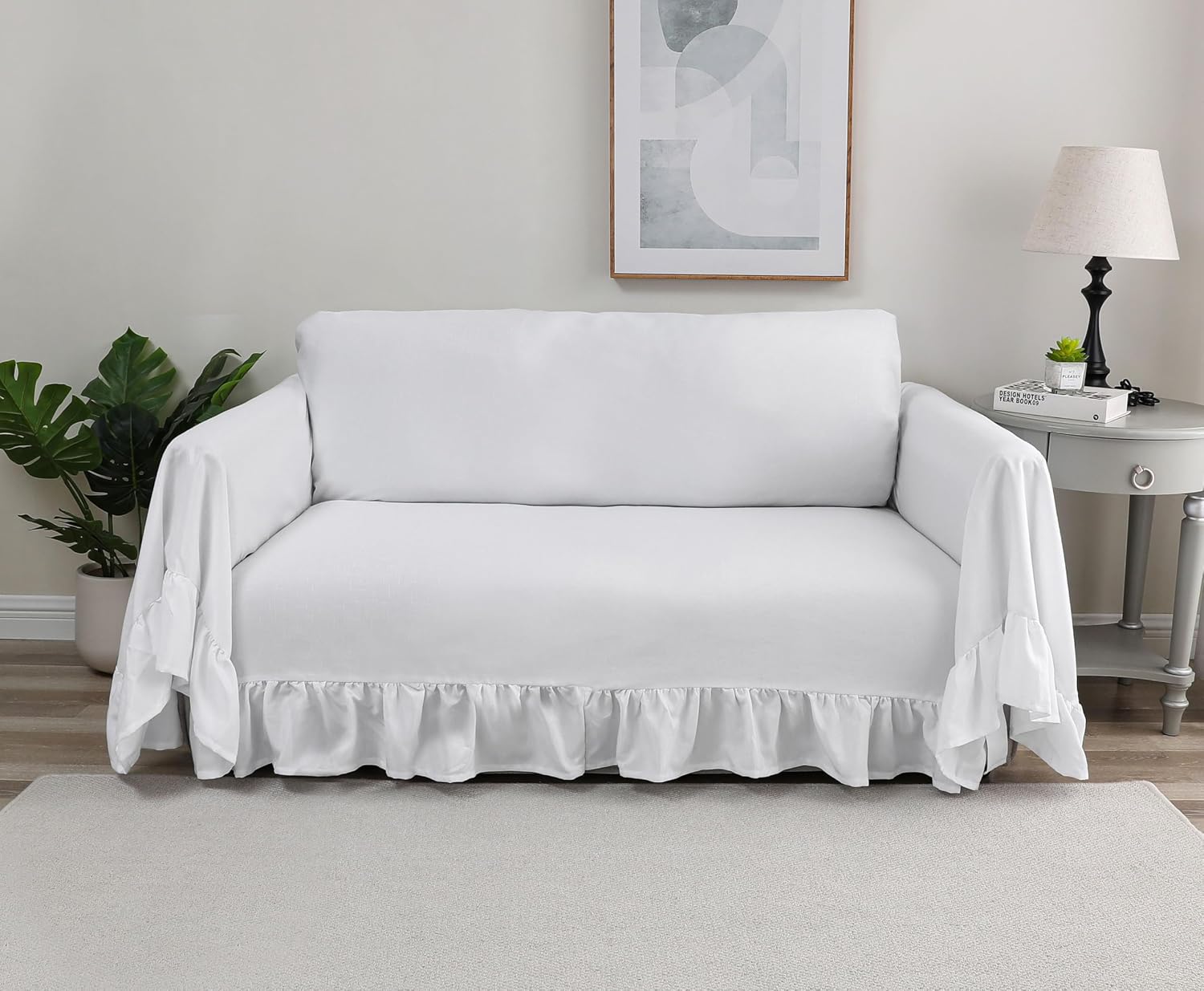 Rustic Linen Sofa Cover with Tie Strings, White, Ruffled Edge