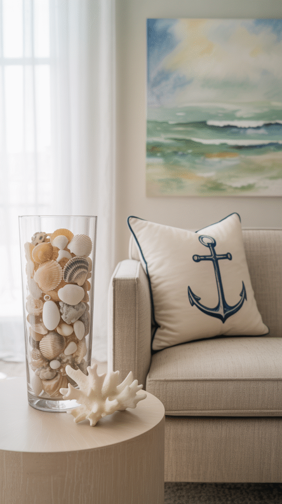 Living room shelf styled with faux coral, a glass vase of shells and a single driftwood sculpture