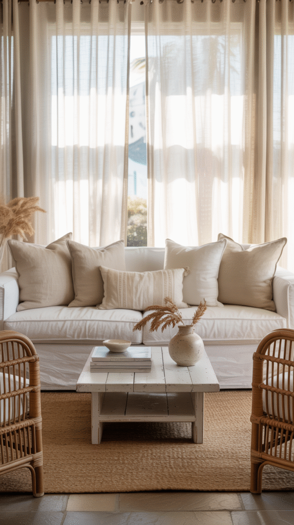Slipcovered white linen sofa, weathered wood coffee table and a rattan armchair in a coastal living room