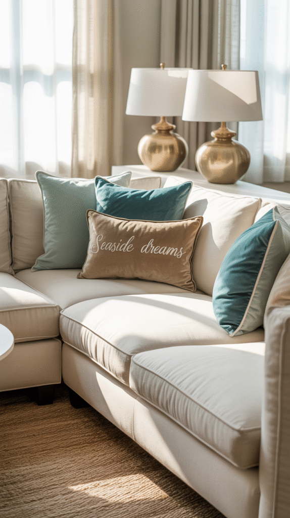Coastal living room with brushed gold accents and a velvet pillow in soft ocean blue adding a touch of glam