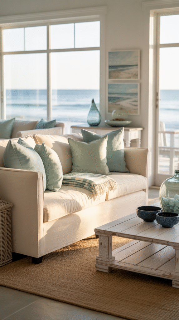 White sofa with seafoam green and cream pillows in a coastal living room with an ocean view through large windows