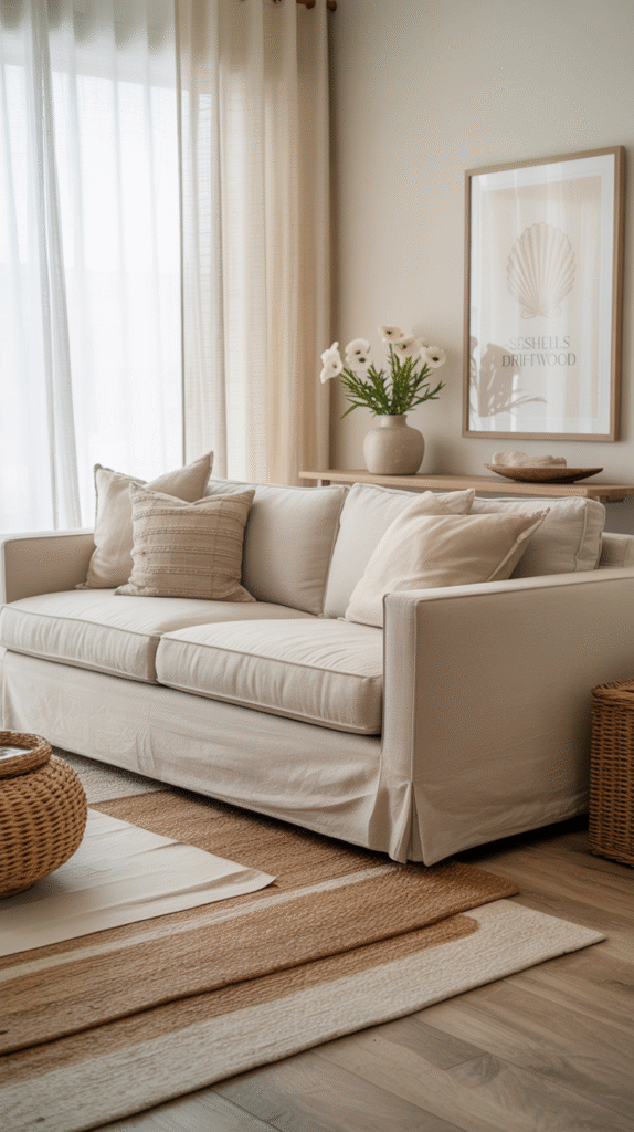 Whitewashed wood flooring layered with a jute rug in a coastal-style living room