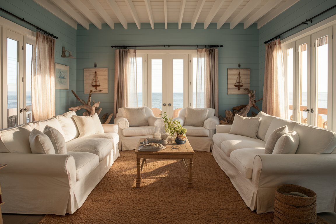 Bright coastal living room with white furniture and large windows overlooking the ocean