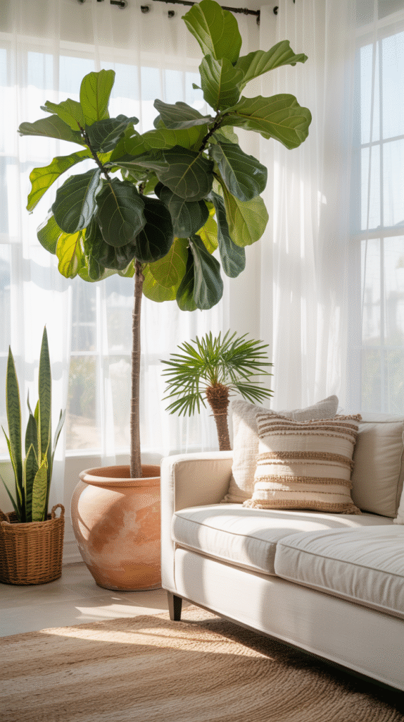Large potted palm and fiddle leaf fig plants in textured woven pots styled in a coastal living room