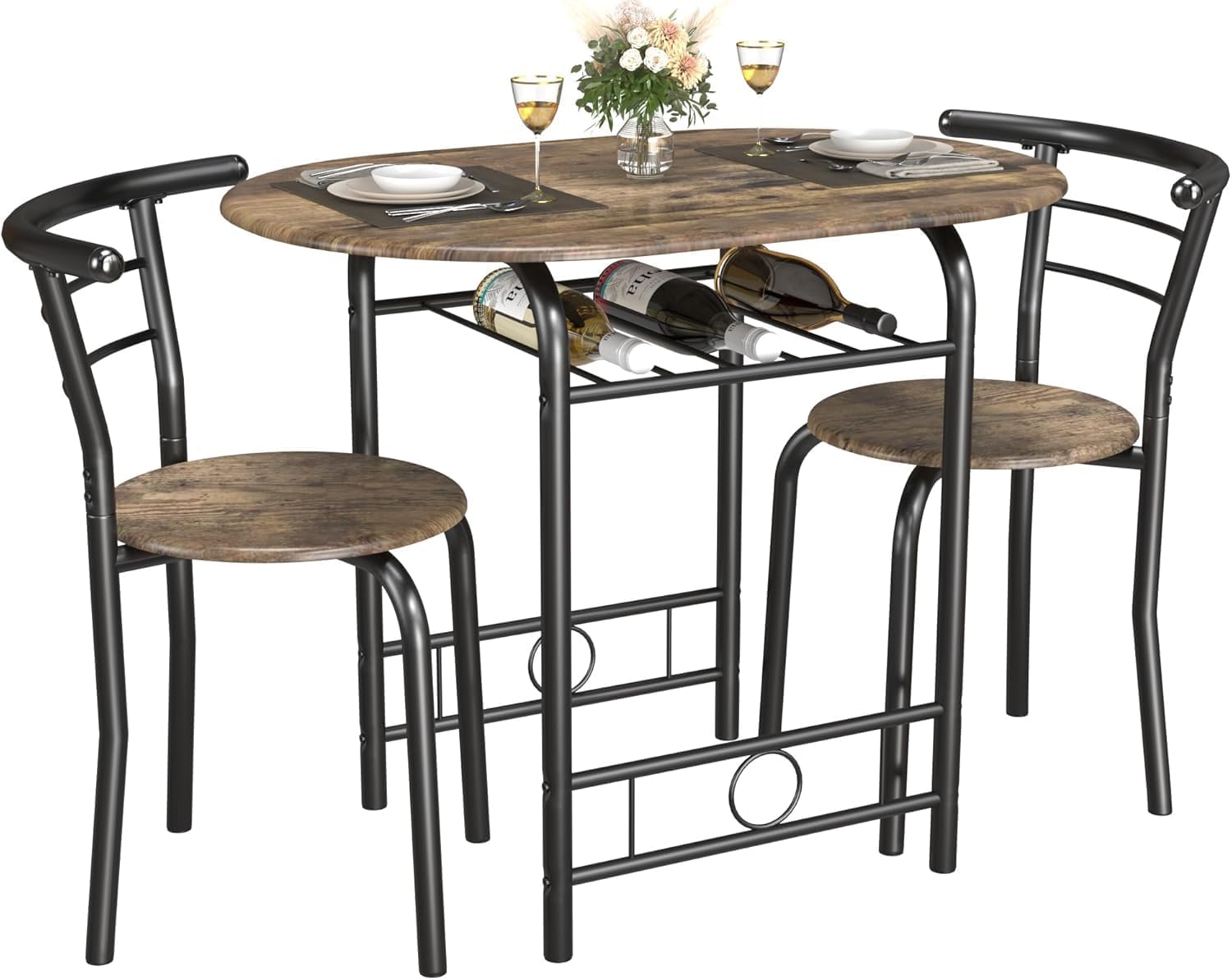 JUMMICO 3-Piece Wooden Round Bistro Table and Chair Set, Walnut/Black