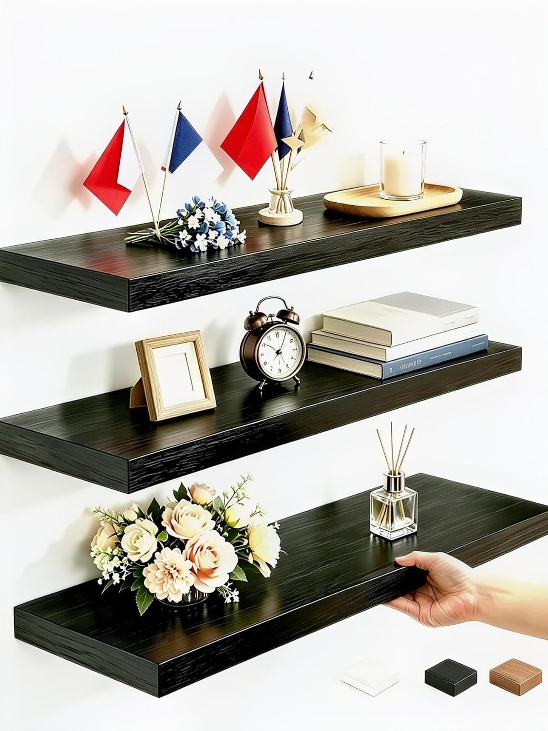 Vervida Black Rustic Floating Wall Shelves, 15 Inch, Set of 3
