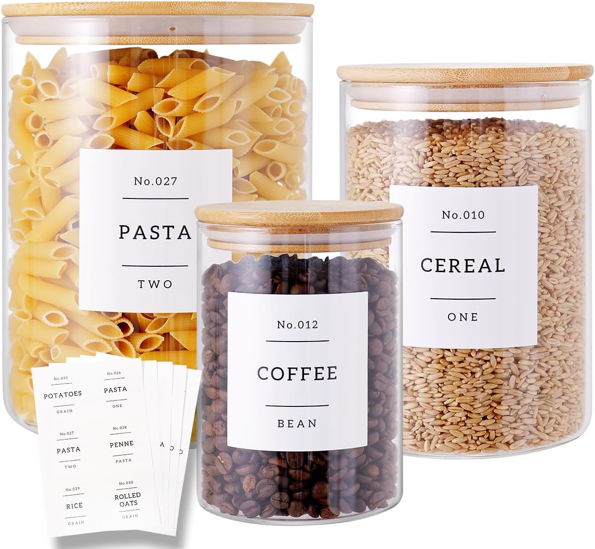 Glass Canisters with Airtight Bamboo Lids and Pantry Labels, 3 Pack