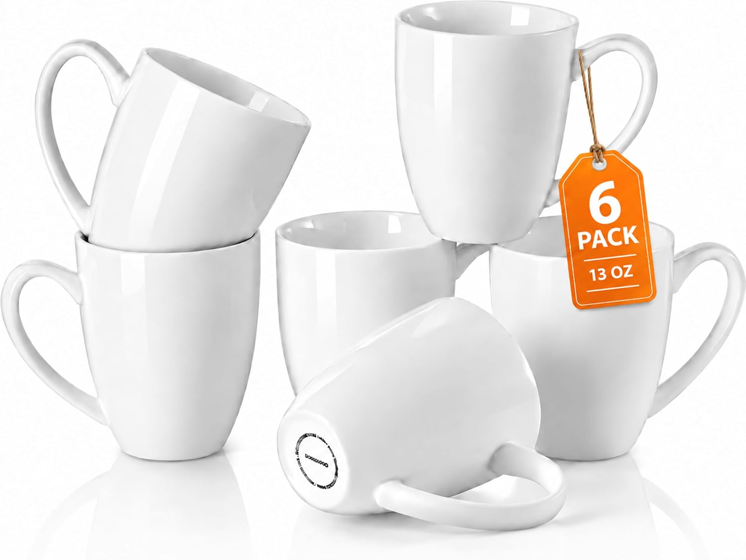 White Porcelain Coffee Mugs, Set of 6, 13 oz