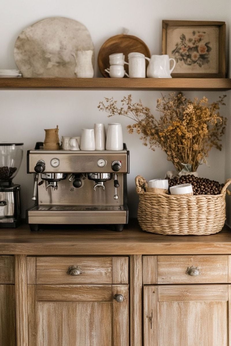 Espresso machine on a light wood cabinet beside a woven basket of coffee beans and dried flowers, with cream mugs on a shelf above