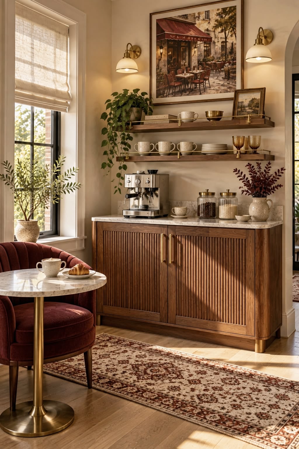 Walnut fluted cabinet with a marble top and espresso machine beside a bistro table and burgundy chair, with a framed café painting above