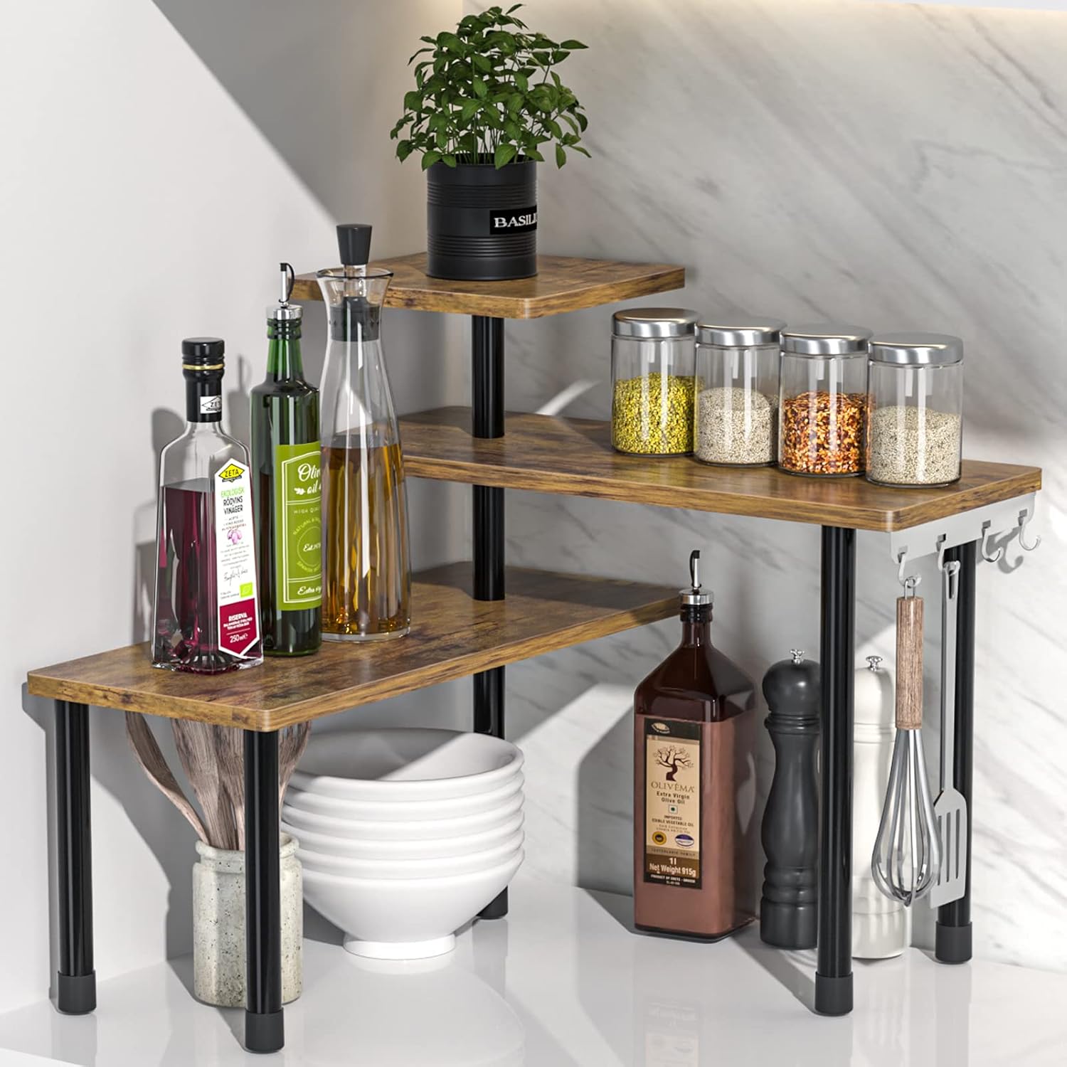 JayRex 3-Tier Kitchen Countertop Corner Shelf, Rustic Brown